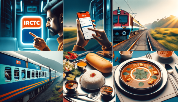 Collage depicting IRCTC's online booking process, moving train, and onboard catering services.