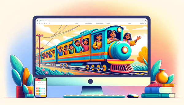 Colorful Indian train illustration with joyful children and the IRCTC website displayed on a gadget