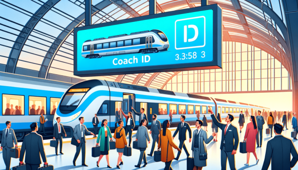 Digital screen displaying Coach ID and simplified train coach layout with happy passengers