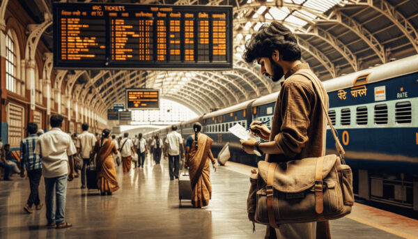 Traveler ready to change name or age on an IRCTC ticket at a train station, with a schedule board in the background