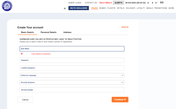 register process irctc website