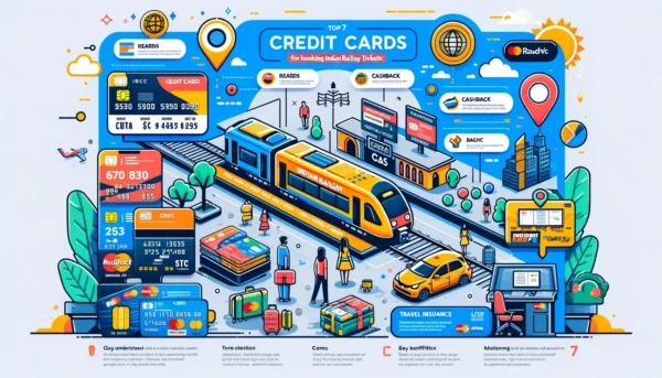 Infographic of the top 7 credit cards for booking IRCTC train tickets including HDFC Millennia, ICICI Coral, Kotak 811, and more with their key benefits listed in a table format.