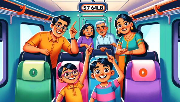 Cartoon of family locating their seat number S7 64LB in an Indian train coach, with seats color-coded by type.