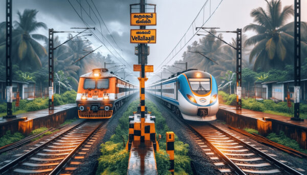Side-by-side view of the Vande Bharat Express in motion and at rest, with the left side displaying an orange and white train in motion, and the right side featuring a blue and white train stationary, set against the lush greenery of Vellayil, Kerala.