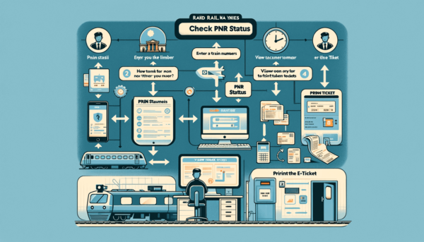 Infographic showing the process of logging in to the IRCTC website, entering PNR number, checking ticket status, and printing e-tickets for train travel in India.