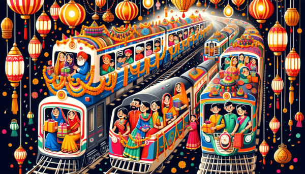 Illustration of various Indian festival special trains decorated with Diwali lights and marigolds, filled with joyful passengers carrying gifts, symbolizing the warmth and excitement of homecoming during the festive season in India.