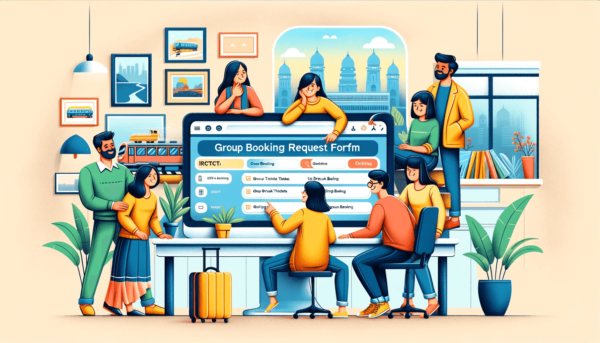 Illustration of a diverse group of people participating in the process of booking group train tickets via the IRCTC website, highlighting the ease and convenience of group travel arrangements.