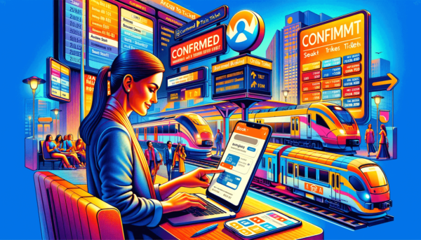 Collage depicting a woman booking a train ticket online on a laptop, a vibrant train station display board, and a smartphone showing Rail Connect and ConfirmTkt apps, illustrating the ease and technological advances in train ticket booking.