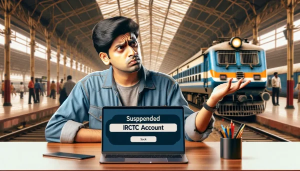 A perplexed passenger staring at a laptop screen showing a 'Suspended IRCTC Account' message, with a blurred train and station in the background, illustrating the challenges of dealing with account issues in online train bookings.