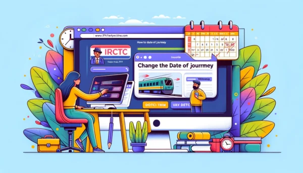 Digital illustration depicting a traveler at a computer, navigating the IRCTC website to change a train ticket's journey date, with a calendar showing date adjustments and the IRCTC logo, symbolizing the ease of modifying travel plans online.